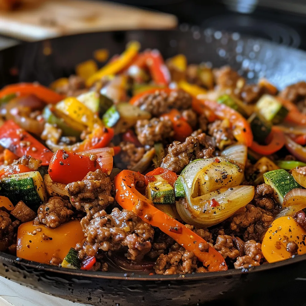 Juicy ground beef mixed with vibrant vegetables in a skillet, emphasizing texture and flavor.