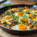 Close-up view of a skillet filled with savory ground beef and fried eggs.