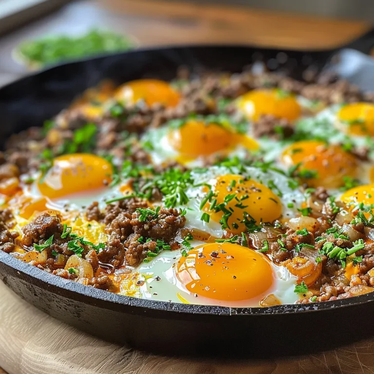 Close-up view of a skillet filled with savory ground beef and fried eggs.