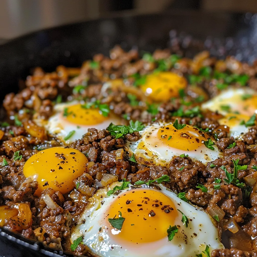 Side view of a delicious ground beef and eggs dish sautéed in a skillet.