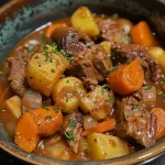 A close-up side view of a hearty Slow Cooker Beef and Potato Stew in a bowl.