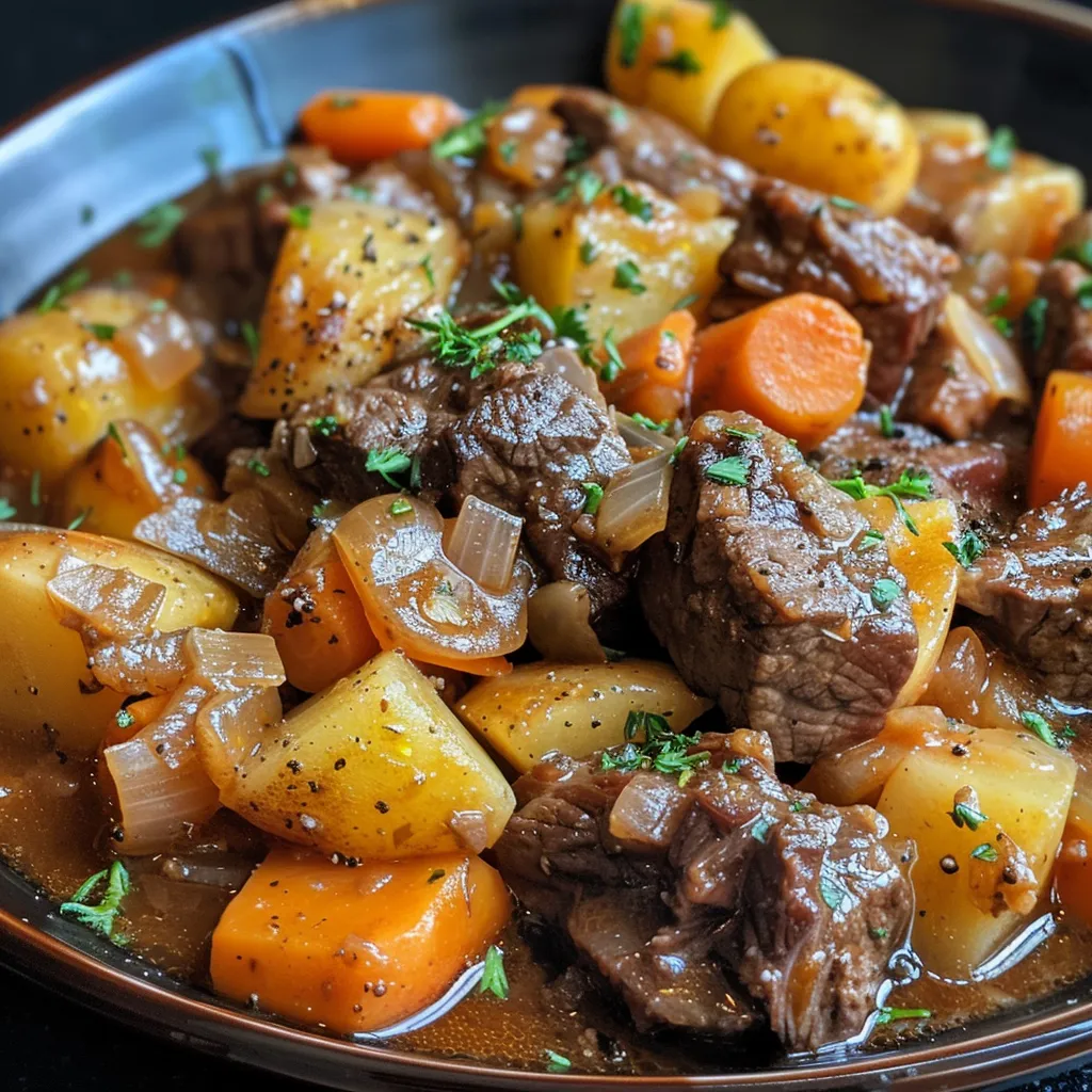 Juicy beef and potatoes in a rich broth displayed in a rustic bowl.