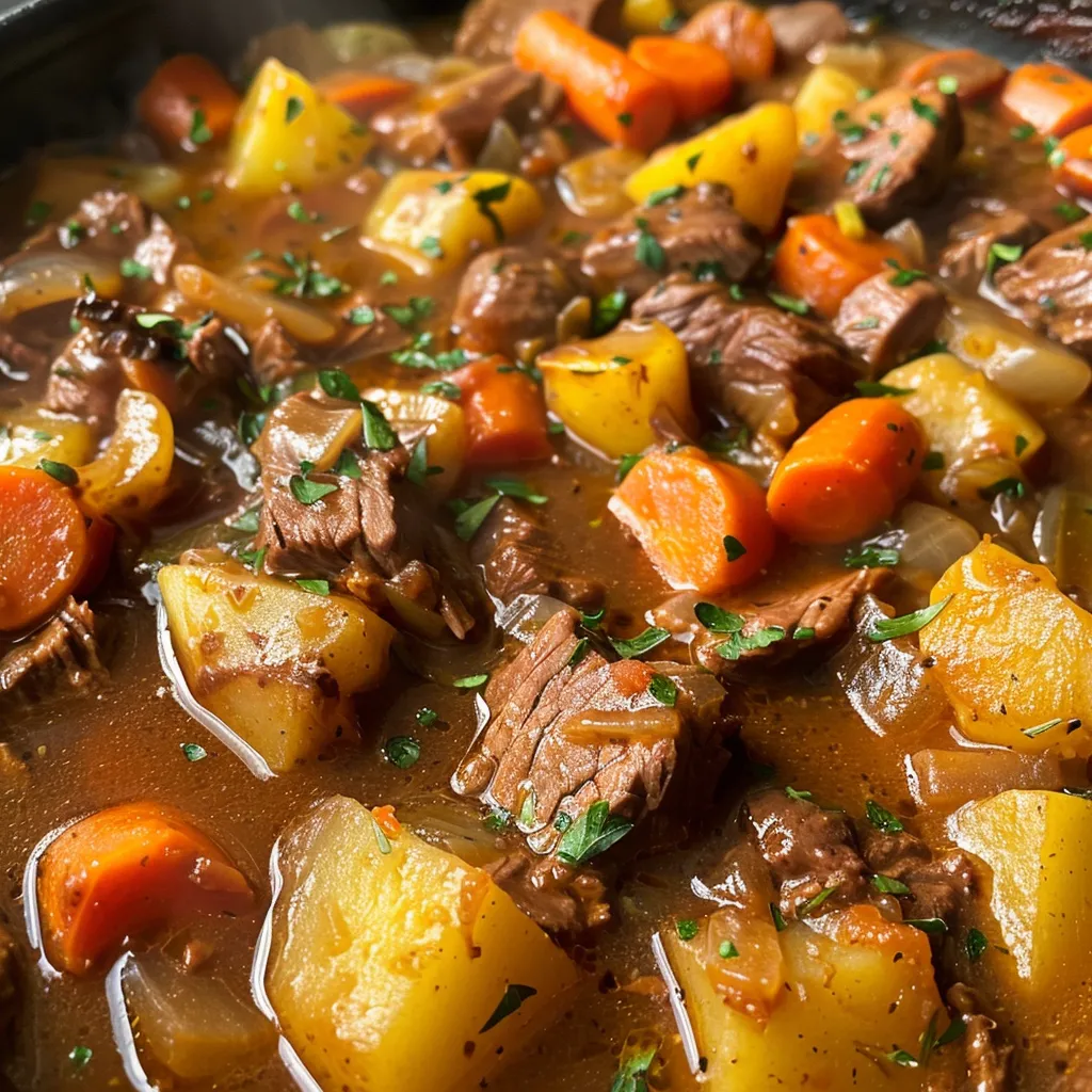 Close-up of a steaming bowl of beef stew with chunks of meat and vegetables.