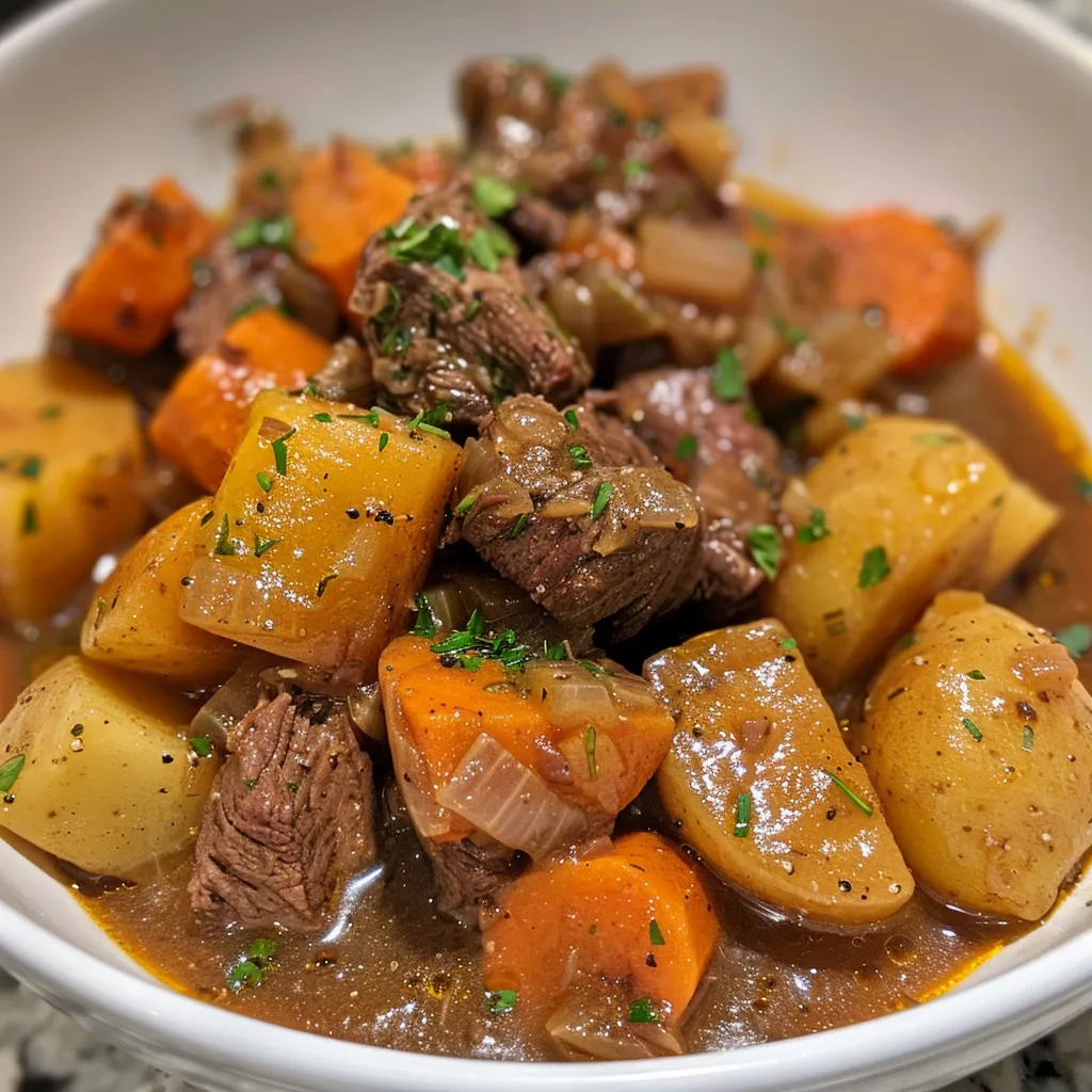 Side view of a hearty slow cooker beef stew, rich in color and texture.