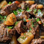 Close-up view of slow cooker garlic butter beef with juicy chunks of beef and halved baby Yukon Gold potatoes.