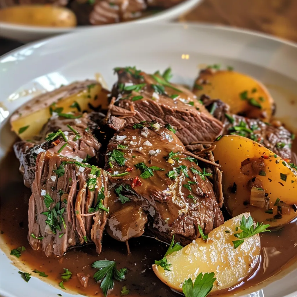 Side view of a plate of tender garlic butter beef alongside golden potatoes, garnished with parsley.