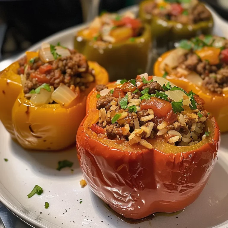 Close-up view of juicy stuffed bell peppers filled with ground beef, rice, and tomato sauce.