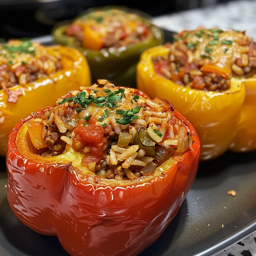 Side view of colorful bell peppers, stuffed with meat and rice, showcasing a rich tomato sauce.