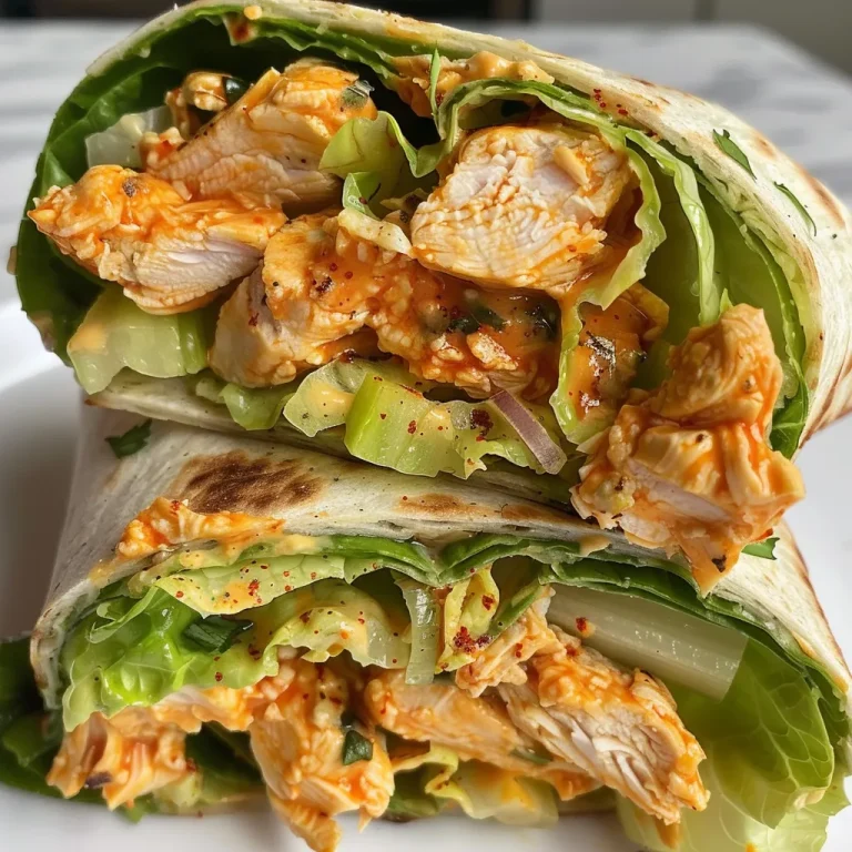 A close-up view of a spicy buffalo chicken Caesar wrap, showcasing juicy chicken, vibrant lettuce, and toppings.