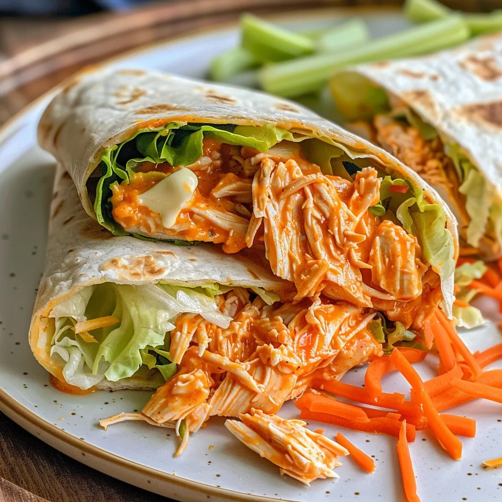 Juicy Spicy Buffalo Chicken Wraps filled with shredded chicken, lettuce, and cheese on a plate.