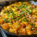 Close-up of a vibrant Spicy Chorizo Green Chile Breakfast Skillet with colorful ingredients.