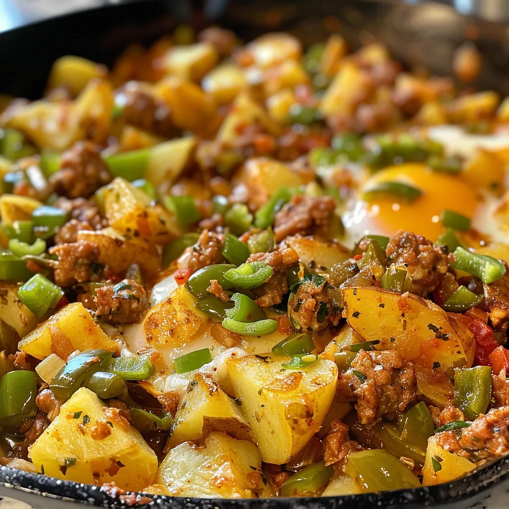 Side view of a hearty breakfast skillet featuring chorizo, green chiles, and eggs.