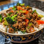 Close-up view of a Spicy Ground Beef Stir-Fry Bowl with vibrant vegetables and rice.