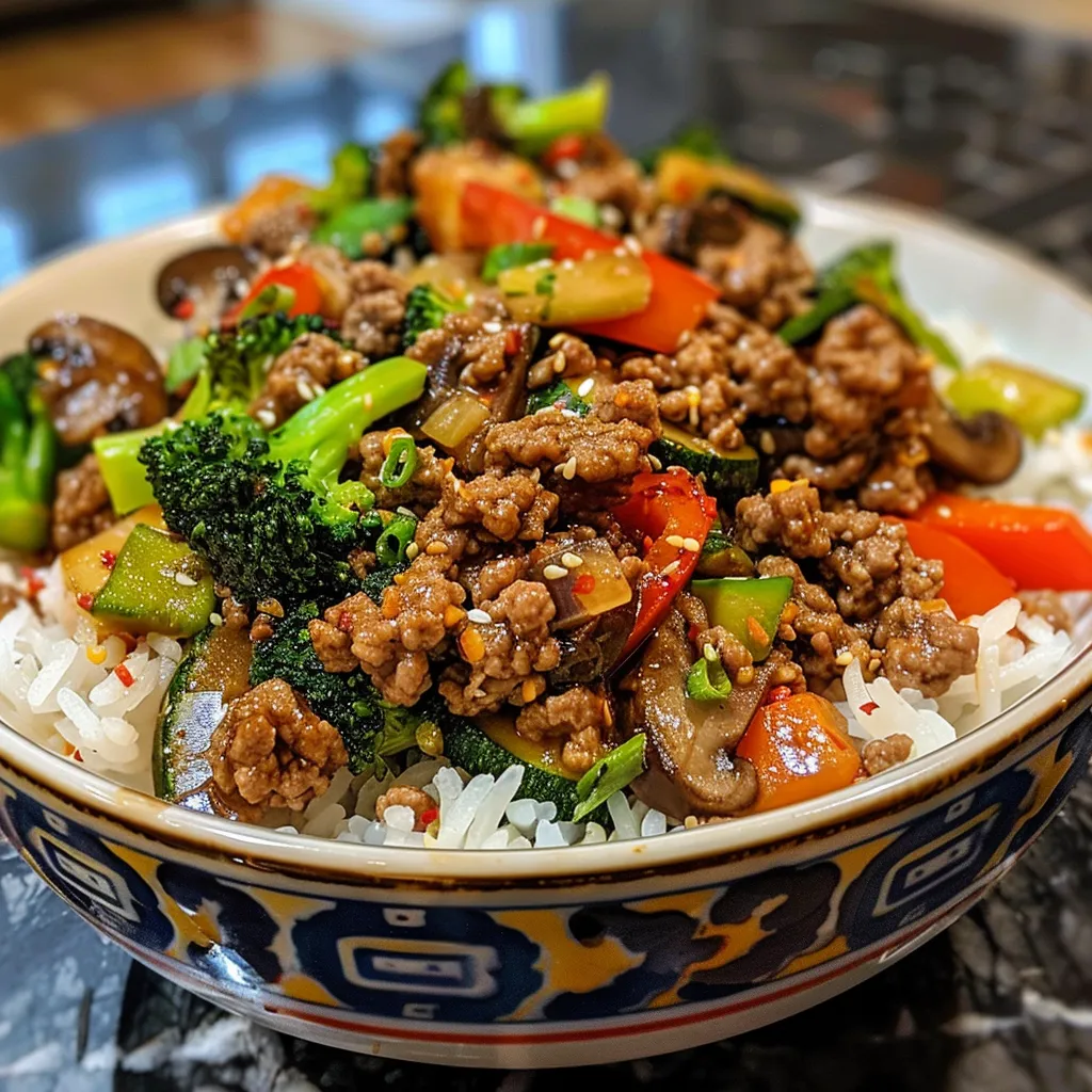 Close-up view of a Spicy Ground Beef Stir-Fry Bowl with vibrant vegetables and rice.