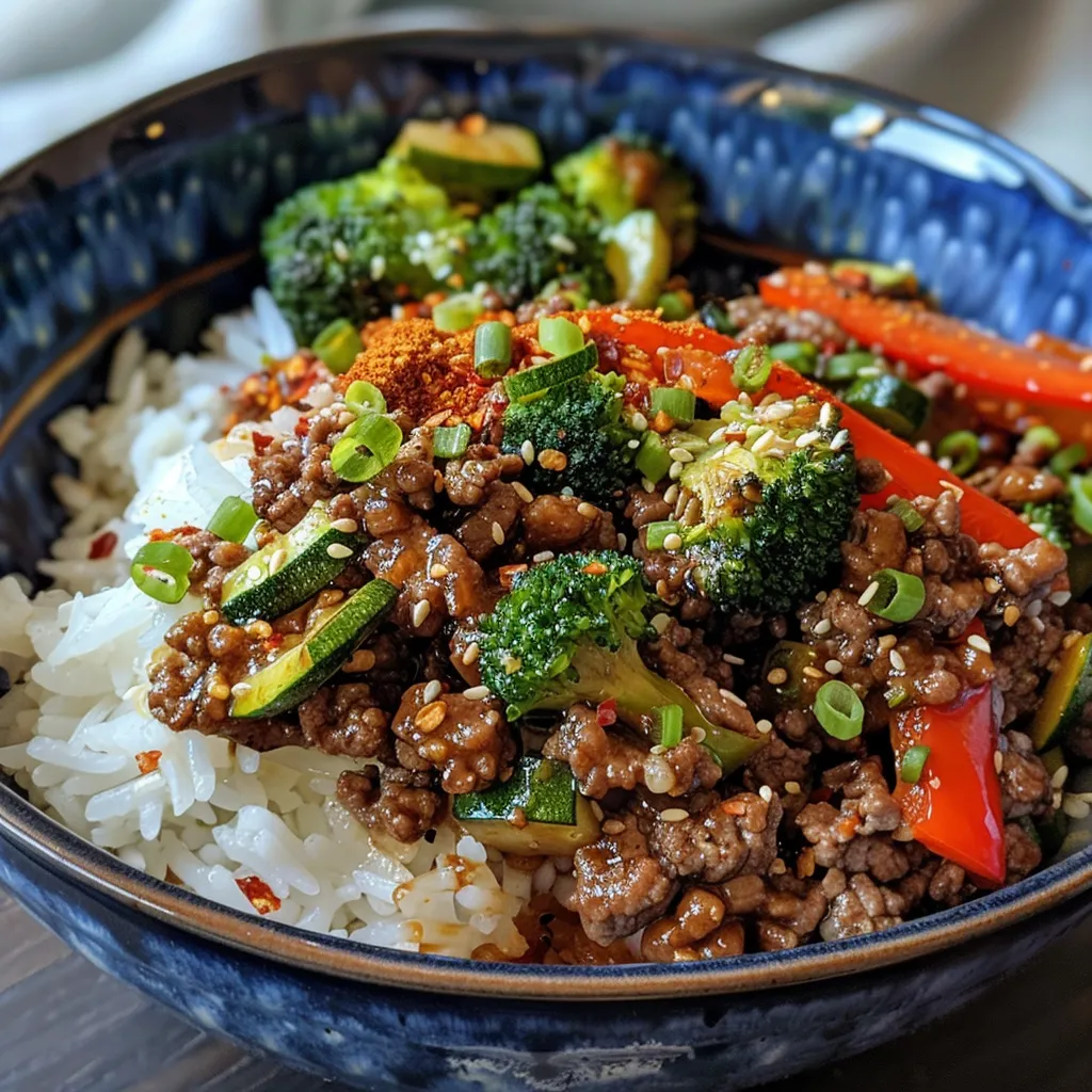 Deliciously arranged Spicy Ground Beef Stir-Fry Bowl featuring colorful veggies and fluffy rice.