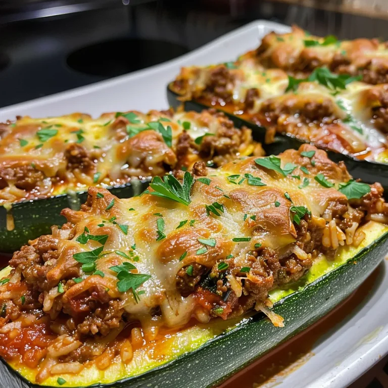 Close-up side view of stuffed zucchini filled with ground beef and rice, garnished with parsley.