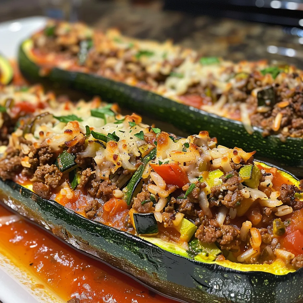 Juicy stuffed zucchini showcasing ground beef, rice, and melted cheese on top.