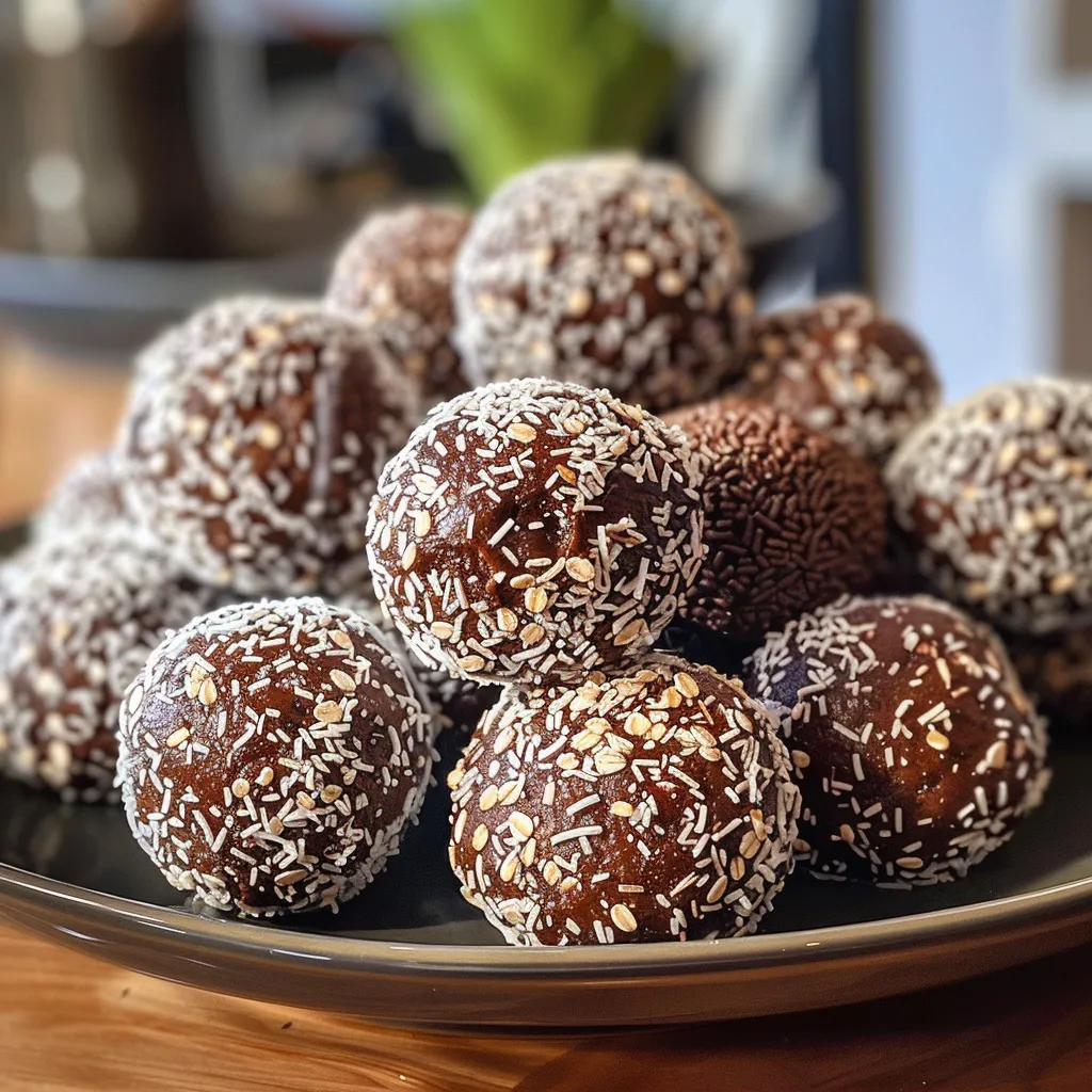 Side angle of delicious Swedish Chocolate Balls, highlighting their rolled oats and cocoa coating.