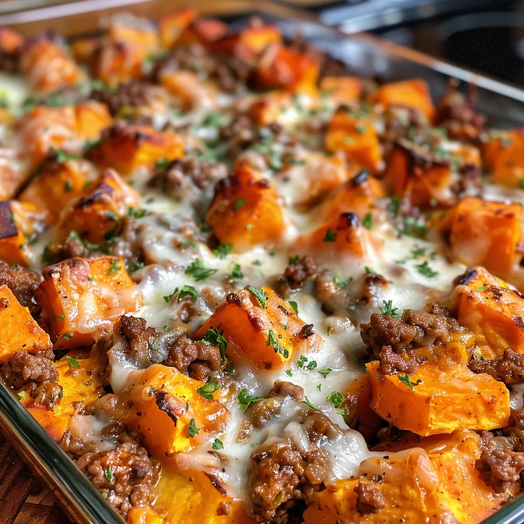 Side view of a layered sweet potato and beef casserole, showcasing its cheesy texture.