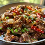 Juicy Szechuan beef stir-fry with colorful bell peppers and dried red chilies.