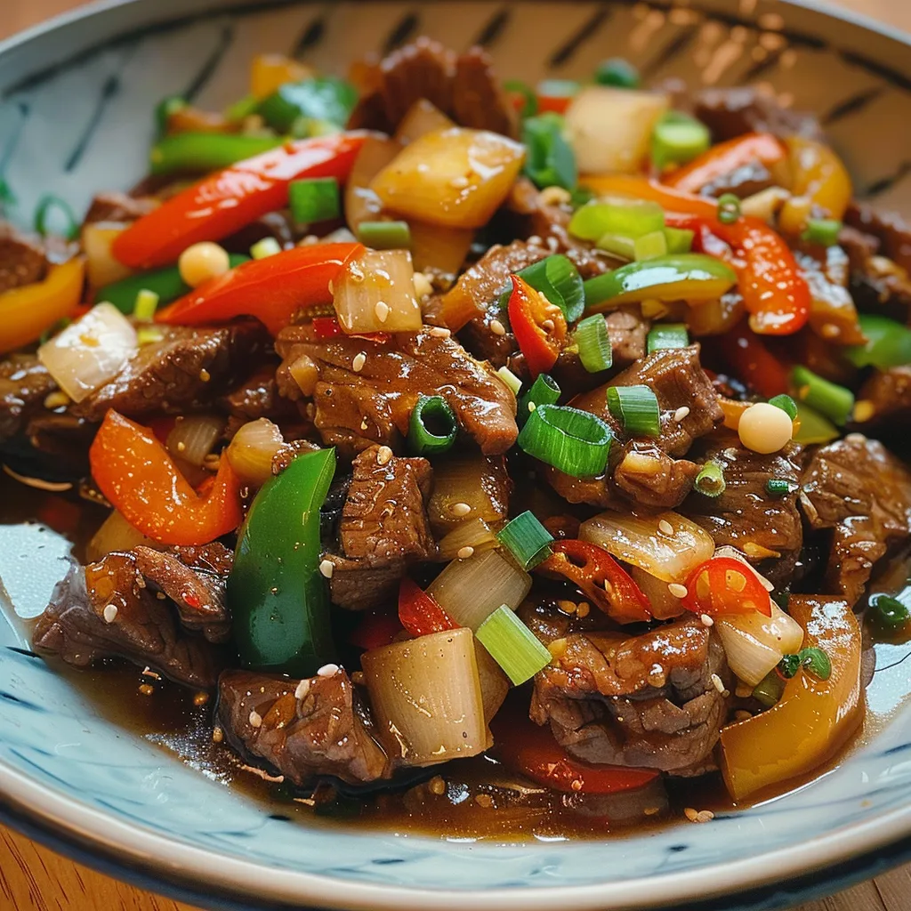 Close-up of sliced flank steak in a vibrant Szechuan sauce with vegetables.