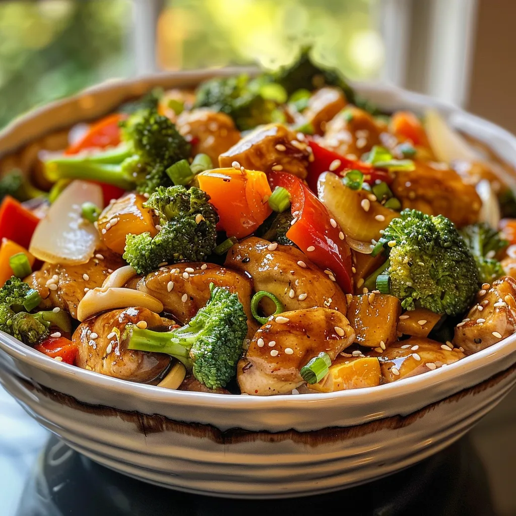 Side shot showcasing tender chicken pieces in a glossy teriyaki sauce with broccoli and bell peppers.