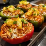 Close-up of colorful bell peppers stuffed with teriyaki chicken and pineapple.