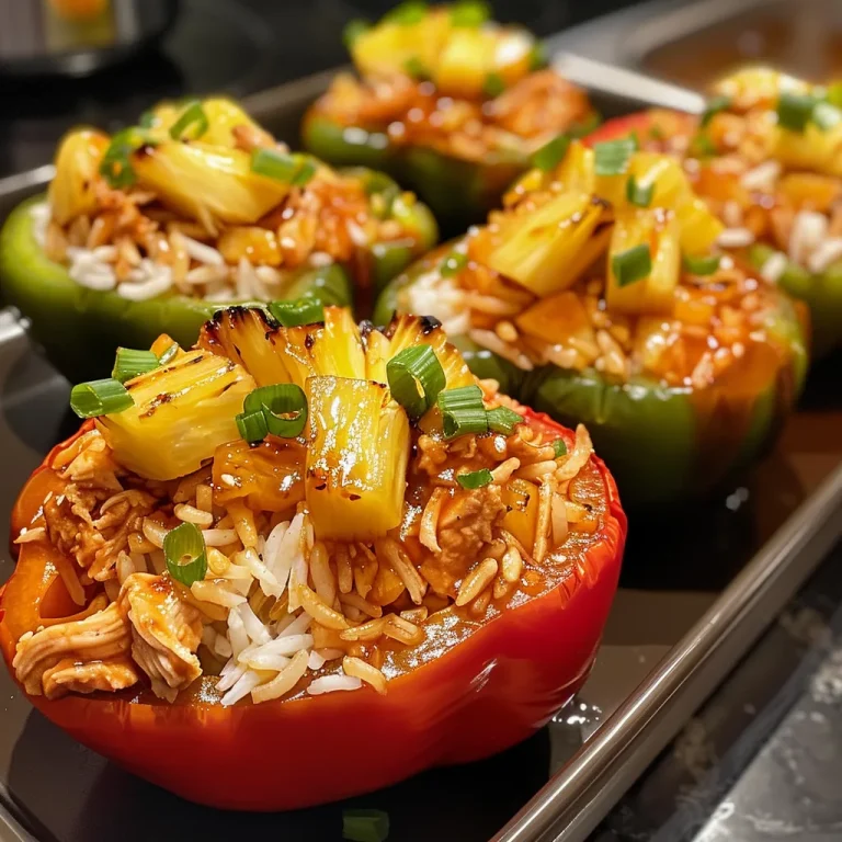 Savor the Sweet and Savory: Teriyaki Pineapple Chicken Stuffed Peppers That Delight! Close-up of colorful bell peppers stuffed with teriyaki chicken and pineapple.