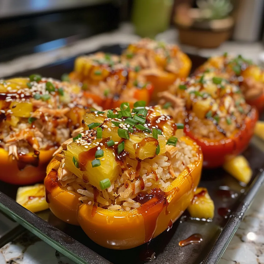 Juicy stuffed peppers filled with shredded chicken, rice, and pineapple mix.