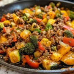 Close-up view of a Vegetable Beef Skillet with vibrant vegetables and ground beef.