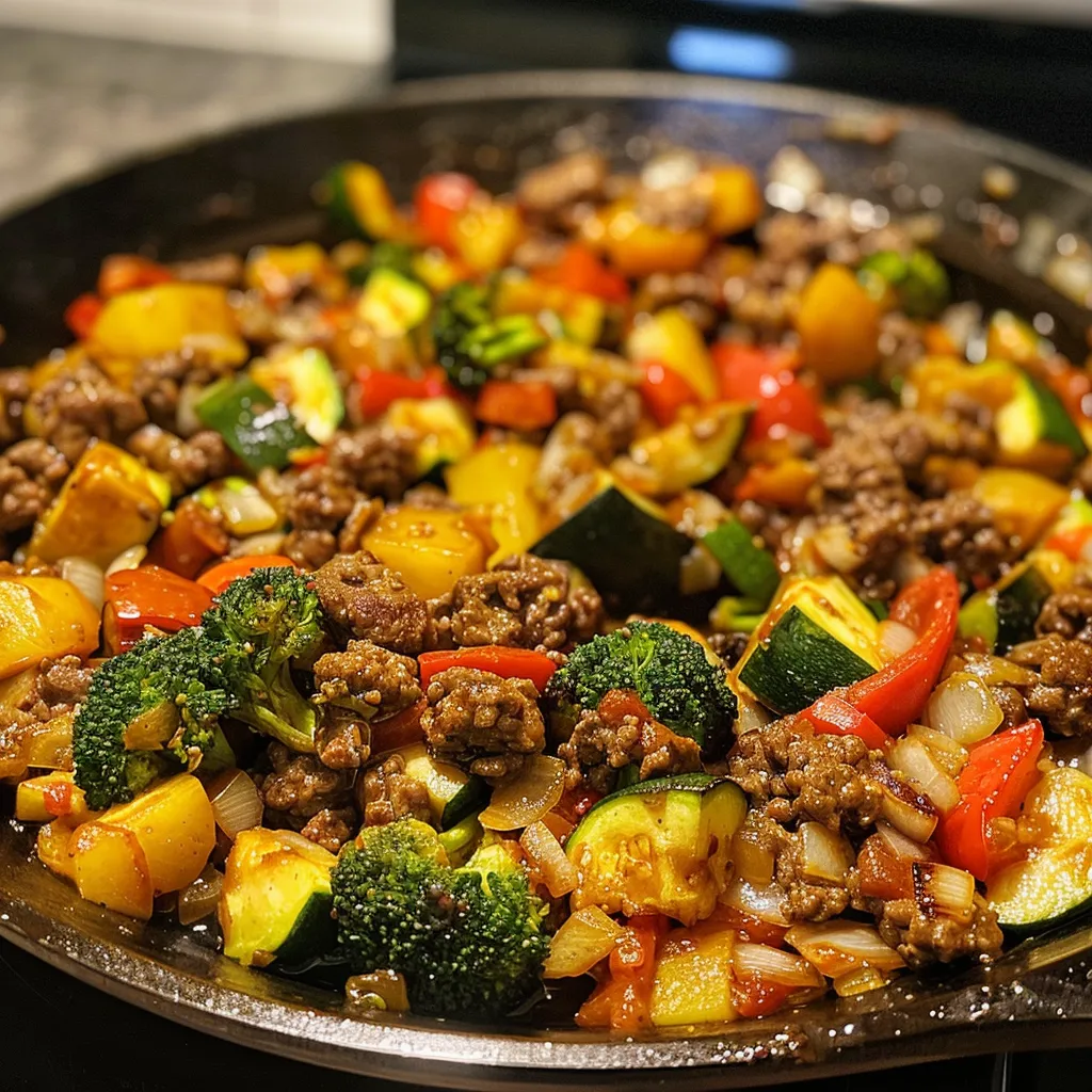 Colorful Vegetable Beef Skillet shown in a bowl, highlighting fresh ingredients.