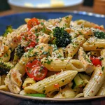 Close-up view of a colorful Chicken Pasta Primavera dish featuring various vegetables.