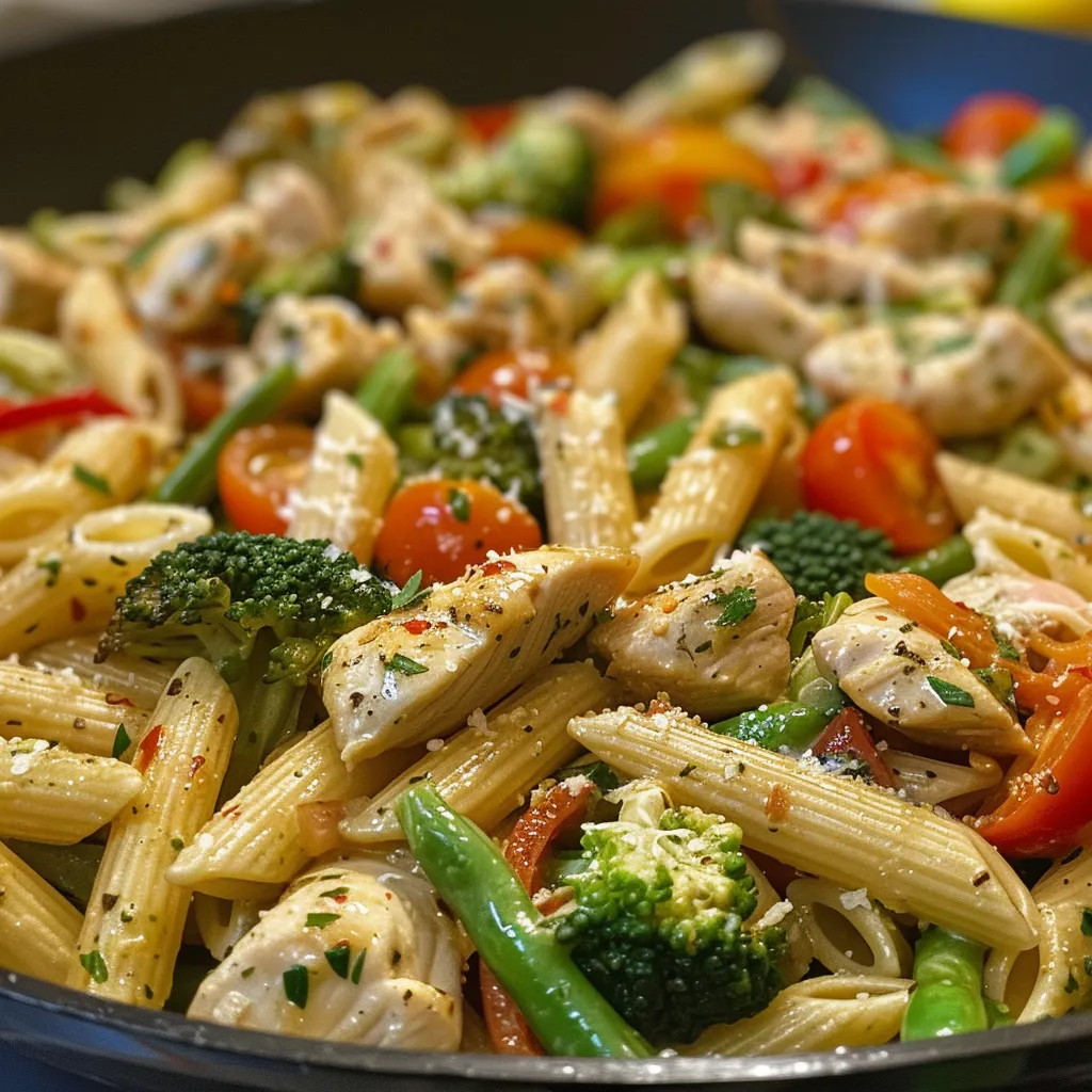 A delicious serving of vegetable-packed Chicken Pasta Primavera with vibrant ingredients.