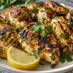 Juicy yogurt marinated chicken thighs seasoned with spices, shown from the side.