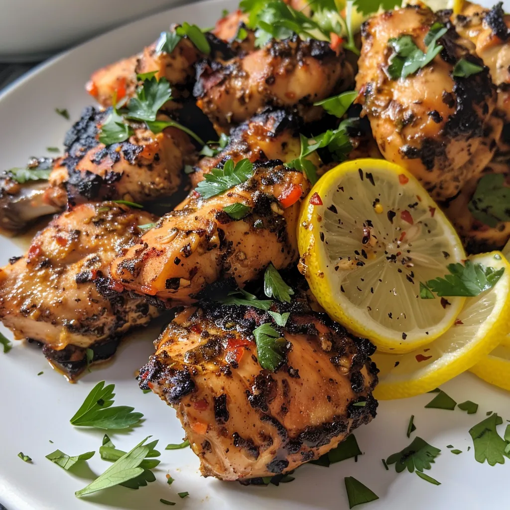 Close-up view of grilled yogurt marinated chicken, glistening with marinade.
