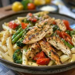 Close-up of a vibrant bowl of Zesty Lemon Herb Chicken Pasta Primavera, showcasing colorful vegetables and chicken pieces.