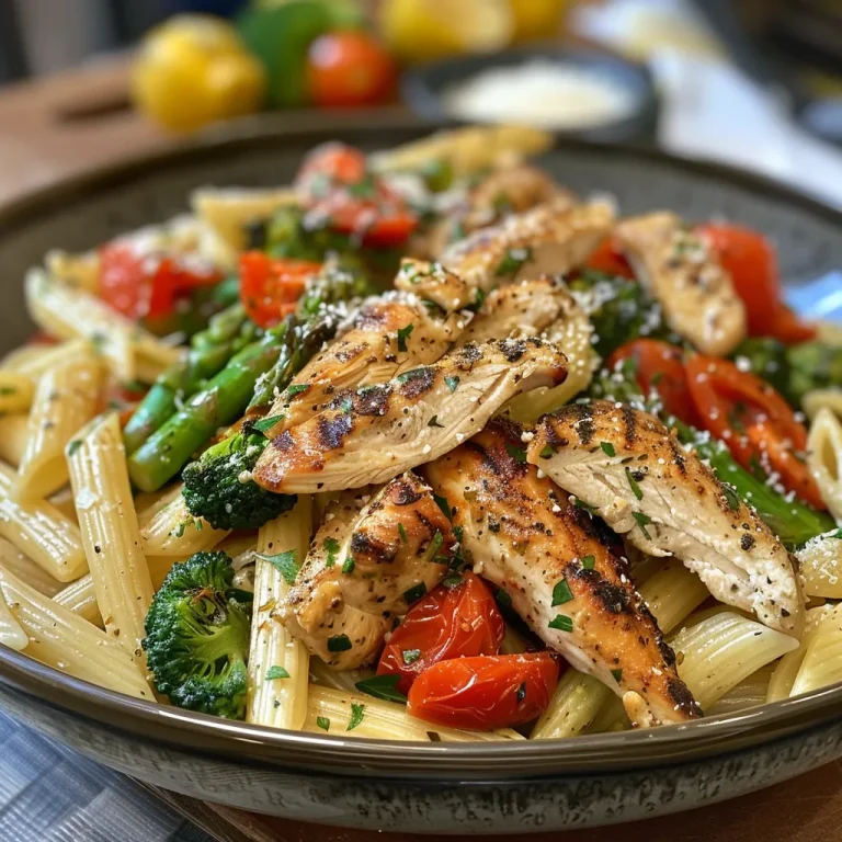 Brighten Your Dinner Table with Zesty Lemon Herb Chicken Pasta Primavera Close-up of a vibrant bowl of Zesty Lemon Herb Chicken Pasta Primavera, showcasing colorful vegetables and chicken pieces.