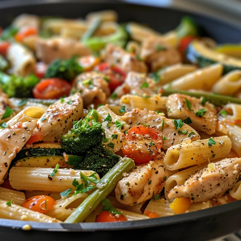 Side view of a dish featuring linguine mixed with chicken, zucchini, bell peppers, and cherry tomatoes, garnished with herbs.