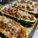 Close-up view of zucchini boats stuffed with ground beef, melted cheese, and garnished with herbs.