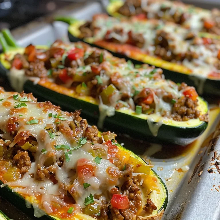 Close-up view of zucchini boats stuffed with ground beef, melted cheese, and garnished with herbs.