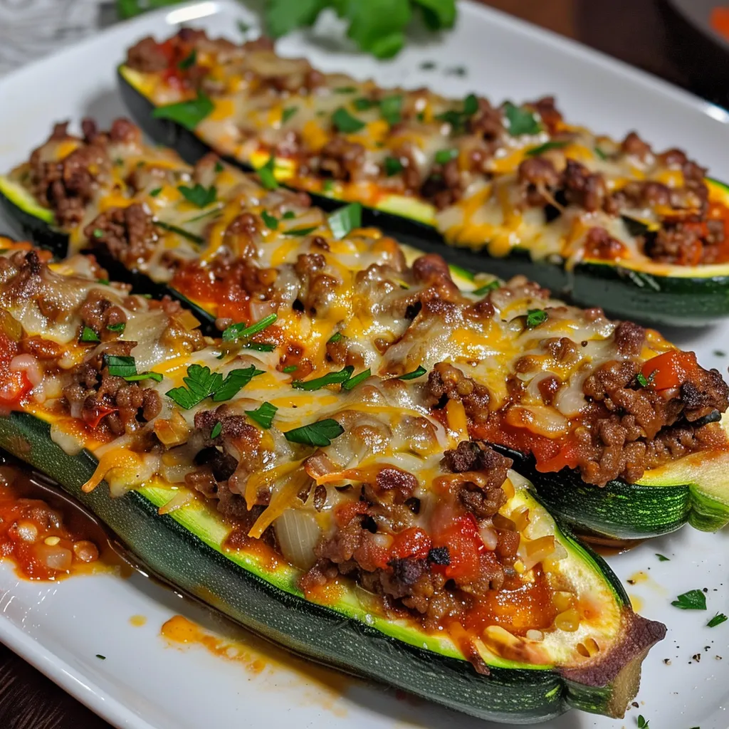 Side view of delicious zucchini boats filled with ground beef and topped with mozzarella cheese.