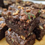 Close-up shot of moist zucchini brownies, showcasing a rich chocolate texture.