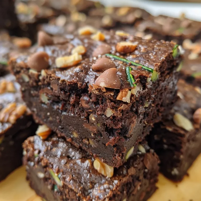 Close-up shot of moist zucchini brownies, showcasing a rich chocolate texture.