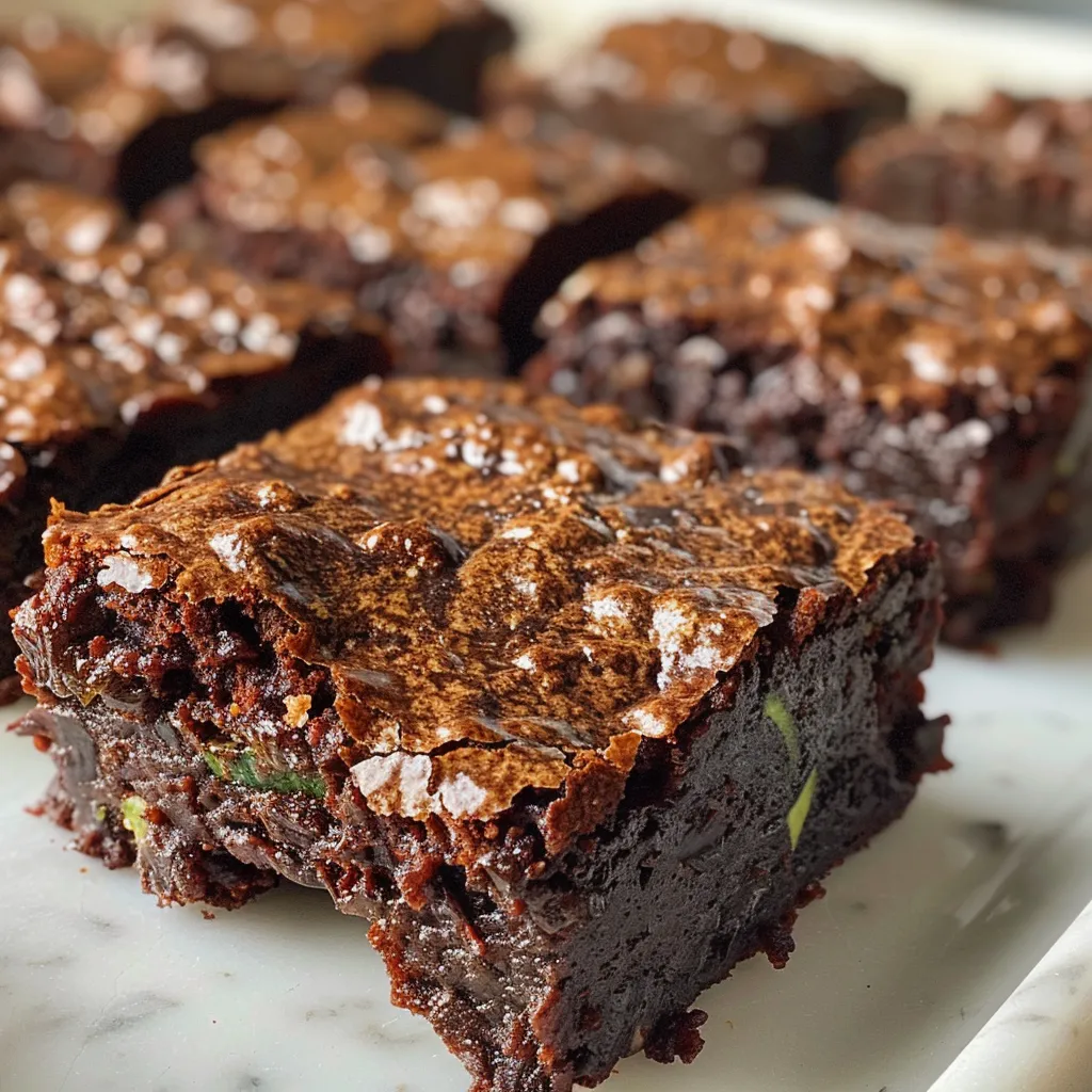 Side view of freshly baked zucchini brownies, topped with chocolate chips and walnuts.