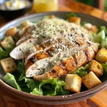 A close-up view of a chicken caesar salad featuring grilled chicken, romaine lettuce, and croutons.