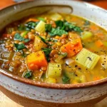 Close-up view of a vibrant bowl of Detox Moroccan Lentil Soup garnished with fresh spinach.