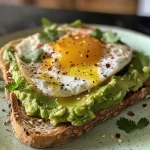 A close-up side view of avocado toast topped with two poached eggs, garnished with microgreens.