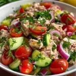 Close-up view of a colorful Mediterranean tuna salad with fresh ingredients.
