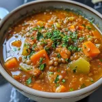 Close-up view of hearty vegan lentil soup in a bowl with vegetables.