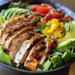 Close-up view of a colorful Grilled Chicken Power Bowl with fresh ingredients.